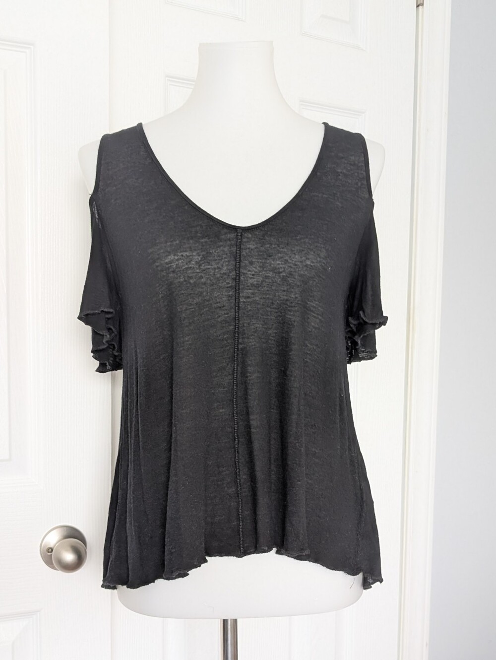 Free People Black Cold-Shoulder V-Neck Top - Linen Blend